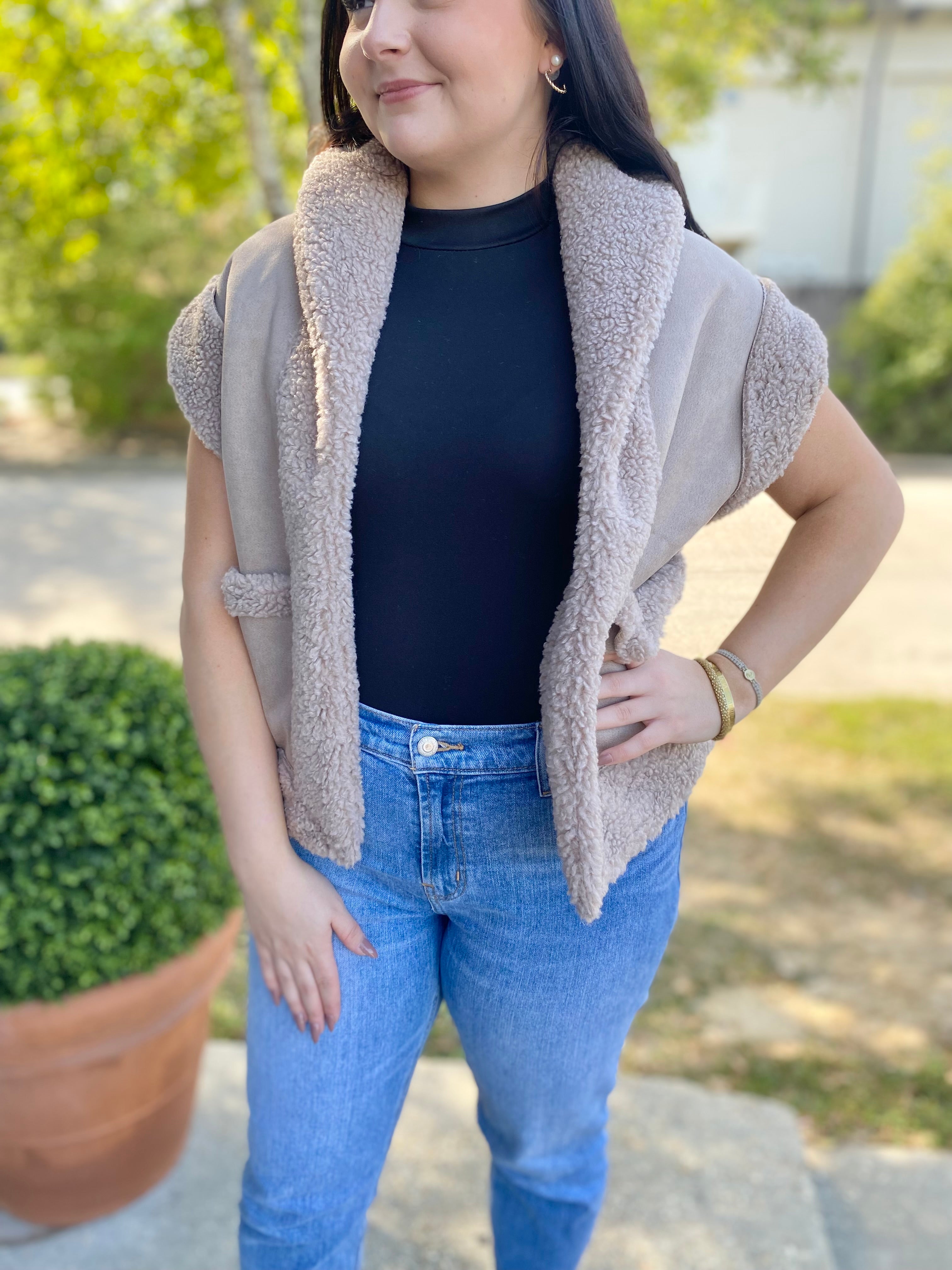 Faux Suede Shearling Vest Taupe