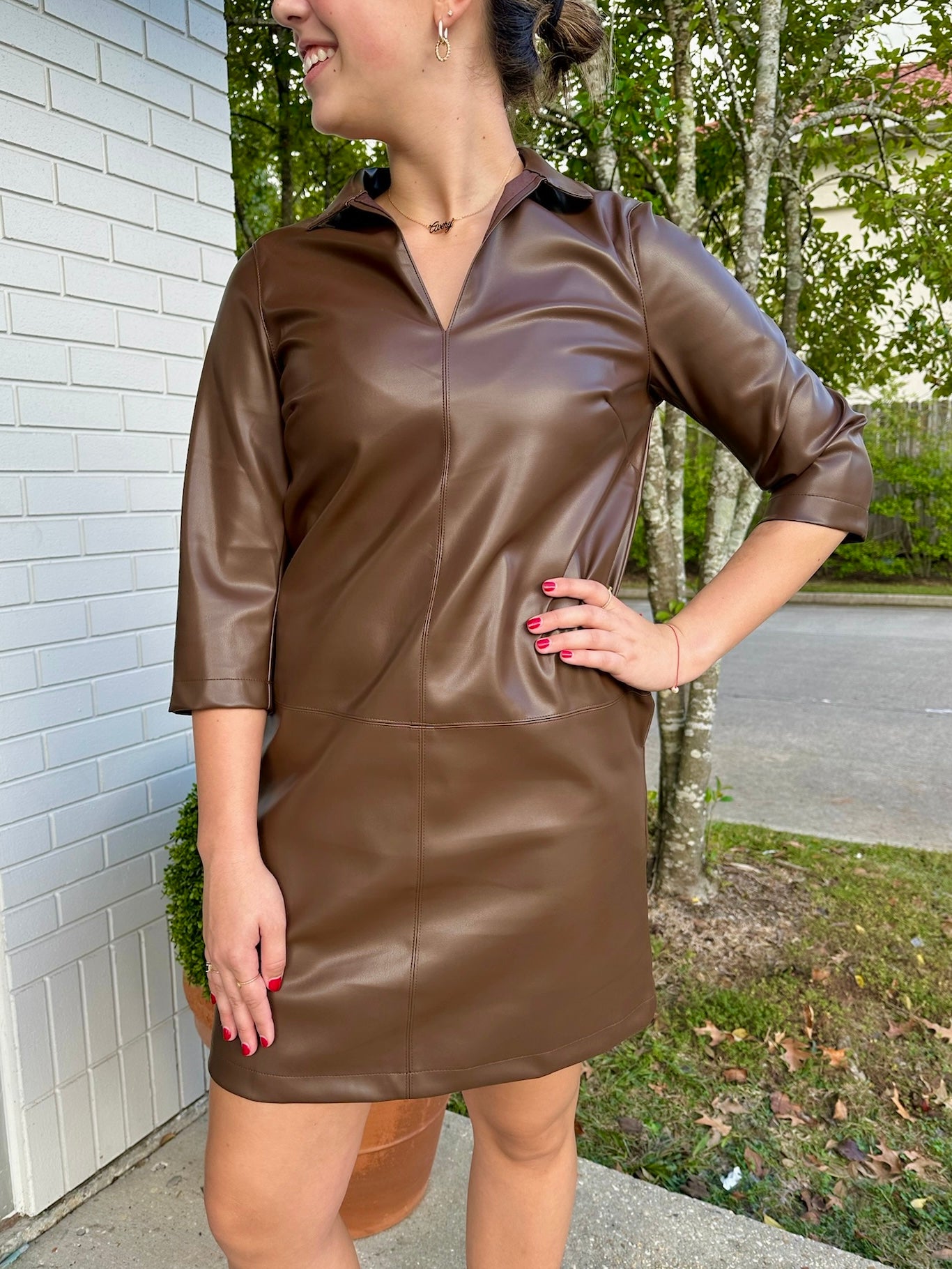 Stand Collar Pleather dress Chocolate