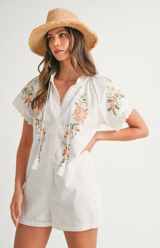 Floral Embroidered Romper Off White
