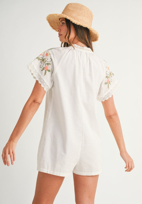 Floral Embroidered Romper Off White