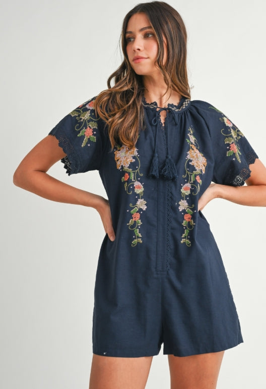 Floral Embroidered Romper Navy