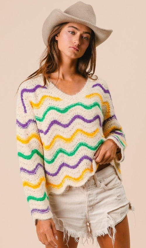 Mardi Gras Wavy Stripes Sweater