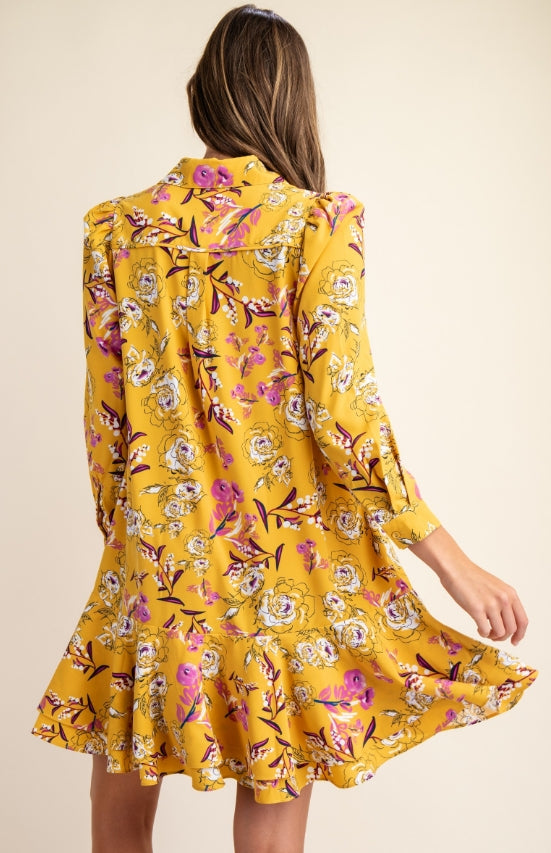 Floral Print Tiered Dress Yellow